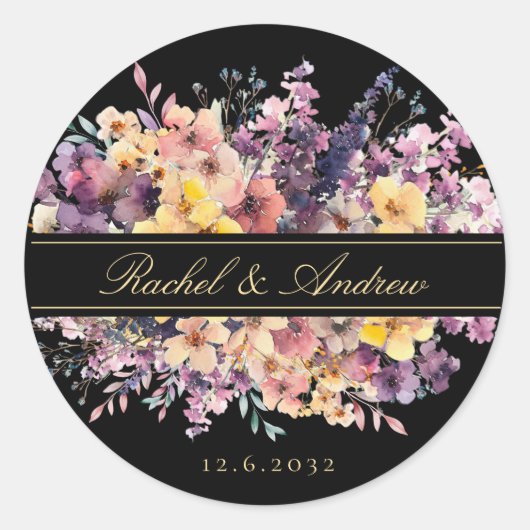 Vers, wilde bloem boeket, handschrift, bruiloft ronde sticker (Voorkant)