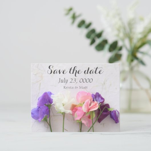 Vers zoete erwten save the date (Staand voorkant)