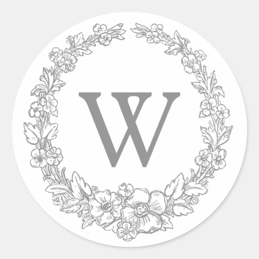 Versailles Gray | Classic Floral Wreatmonogram Ronde Sticker (Voorkant)