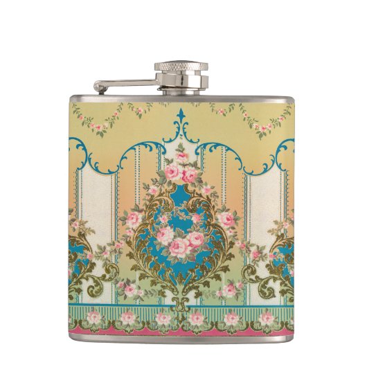  Versailles Rococo Stijlvol Roze Rozen Goud Heupfles (Voorkant)