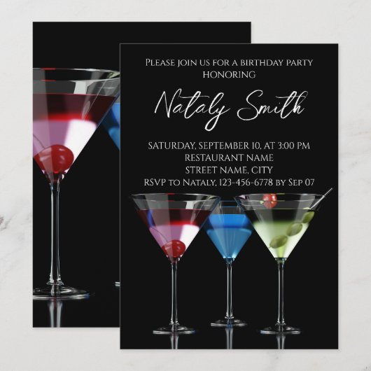 Verschillende cocktails in martiniglazen op zwart kaart (Voorkant / Achterkant)