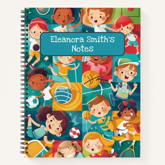 Verschillende sportieve schattige karakters gaan w notitieboek (Voorkant)