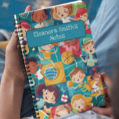 Verschillende sportieve schattige karakters gaan w notitieboek