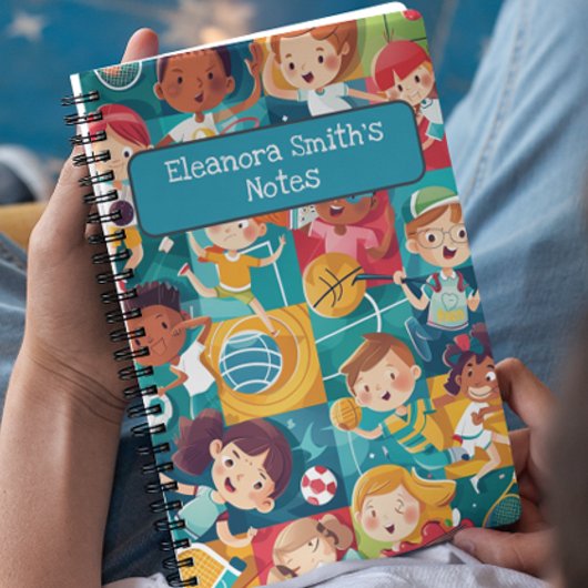 Verschillende sportieve schattige karakters gaan w notitieboek