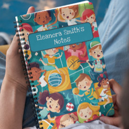 Verschillende sportieve schattige personages terug notitieboek