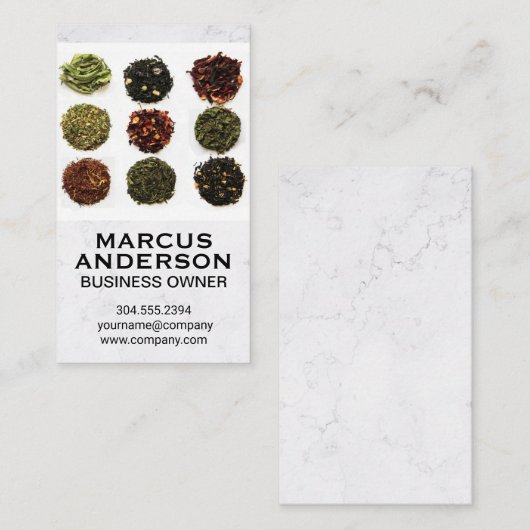Verschillende thea Leaf Piles | Witte marmer Visitekaartje (Voorkant / Achterkant)