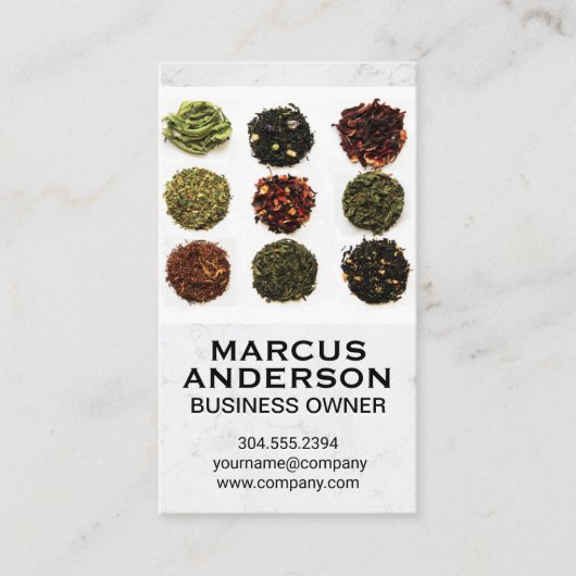 Verschillende thea Leaf Piles | Witte marmer Visitekaartje (Voorkant)
