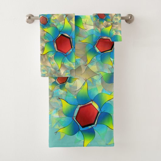 Verschillende virtuele bloemen, blauwe bladen op b bad handdoek (Insitu)