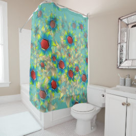 Verschillende virtuele bloemen, blauwe bladen op b douchegordijn