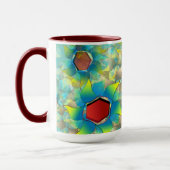 Verschillende virtuele bloemen, blauwe bladen op b mok (Links)