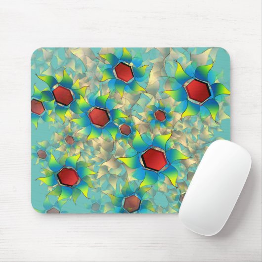 Verschillende virtuele bloemen, blauwe bladen op b muismat (Met muis)