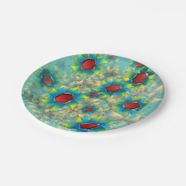 Verschillende virtuele bloemen, blauwe bladen op b papieren bordje