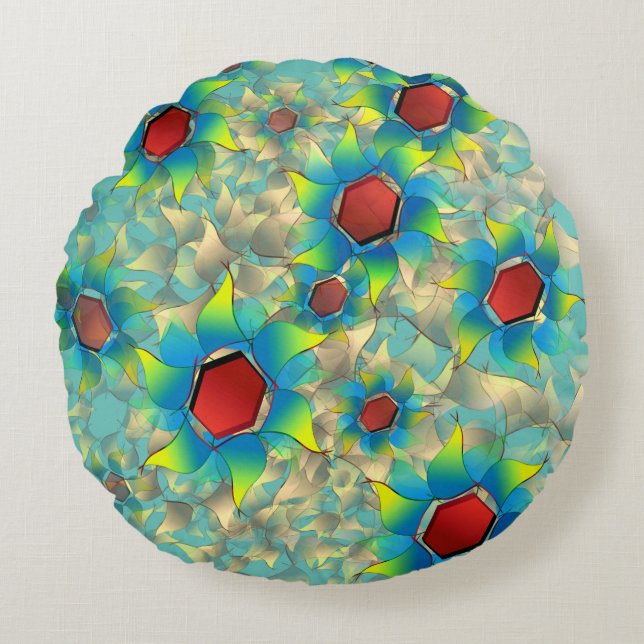 Verschillende virtuele bloemen, blauwe bladen op b rond kussen (Voorkant)