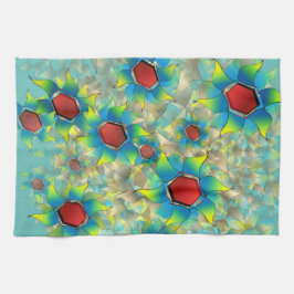 Verschillende virtuele bloemen, blauwe bladen op b theedoek