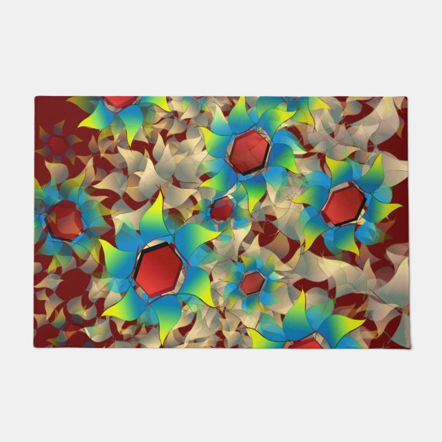 Verschillende virtuele bloemen, blauwe bladen op d deurmat (Voorkant)