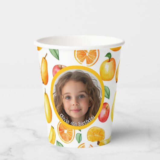 Verschillende vruchten Thema foto en naam Papier Papieren Bekers (Voorkant)