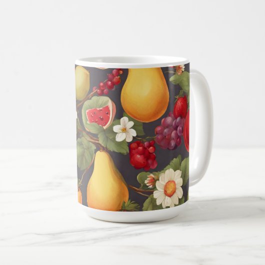 Verschillende vruchten, weelderige bladeren en pra koffiemok (Voorkant rechts)