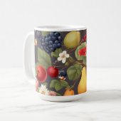 Verschillende vruchten, weelderige bladeren en pra koffiemok (Voorkant links)