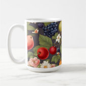 Verschillende vruchten, weelderige bladeren en pra koffiemok (Links)