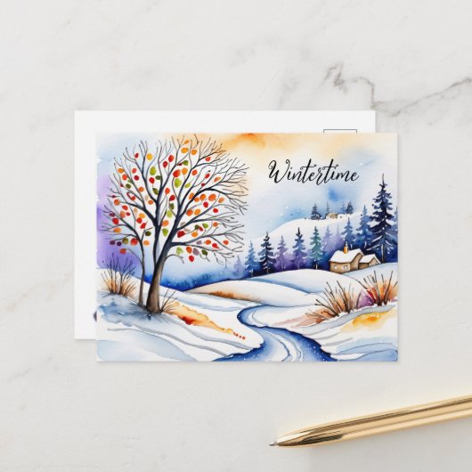 Verschneite Landschaft - Haus am Waldrand | Briefkaart (Voorkant / Achterkant in situ)