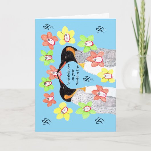 Verschrikkelijk leuke bloem-pinguïns op je trouwda kaart (Voorkant)