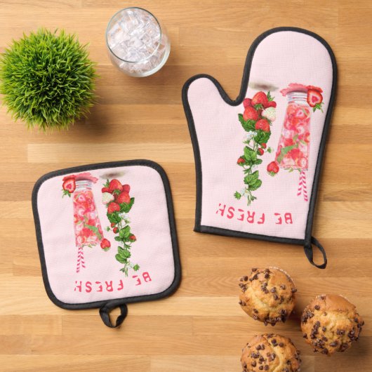 Verse aardbei Drink Mitt & Pothouder Set (Top down)