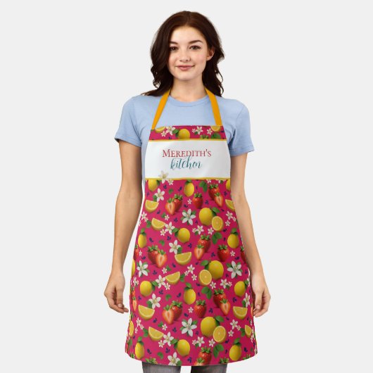Verse aardbei en citroen patroon schort (Gedragen)