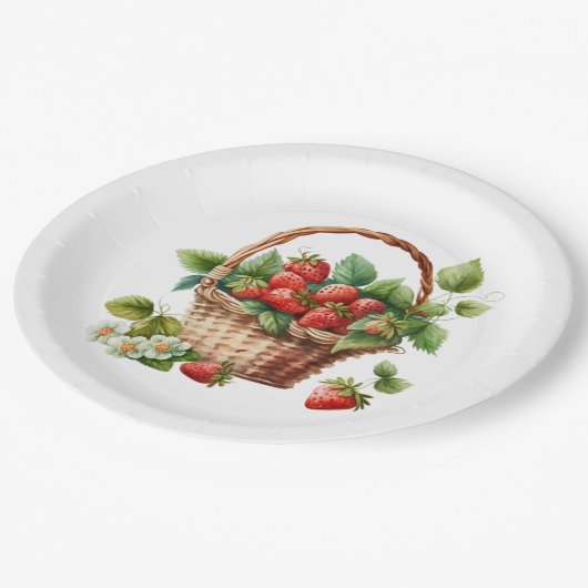 Verse aardbeien in een rieten mand papieren bordje (Gekanteld)