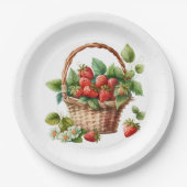 Verse aardbeien in een rieten mand papieren bordje (Voorkant)