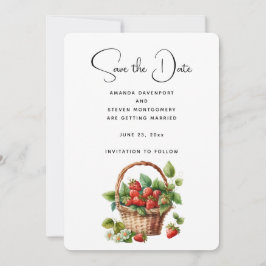 Verse aardbeien in een rieten mand save the date