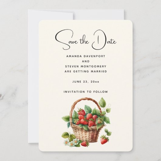 Verse aardbeien in een rieten mand save the date (Voorkant)