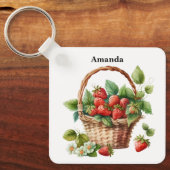 Verse aardbeien in een rieten mand sleutelhanger (Voorkant)