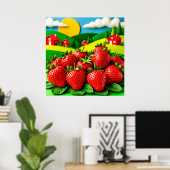Verse aardbeien tentoongesteld op groen veld poster (Thuiskantoor)