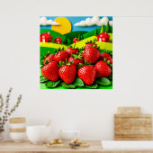 Verse aardbeien tentoongesteld op groen veld poster (Keuken)
