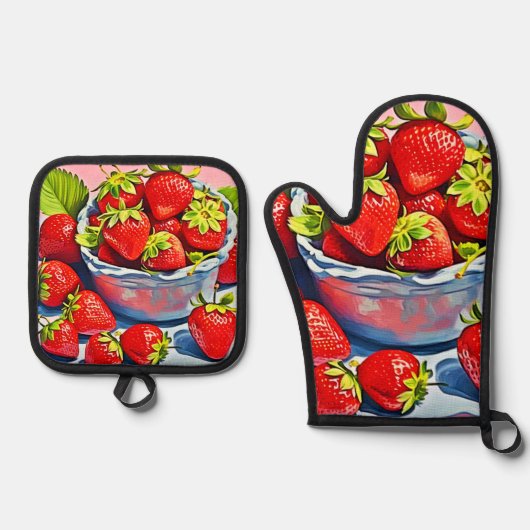 verse aardbeienschaal ovenwant & pannenlap set (Voorkant)