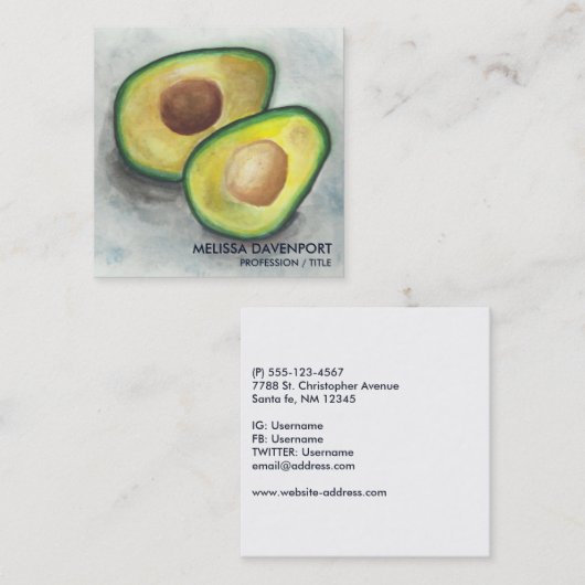 Verse Avocado met pit in Waterverf Green & Grey Vierkante Visitekaartje (Voorkant / Achterkant)