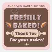 Verse Bakkerij Bruine en Roze Bakkerij Bedankt Mop Vierkante Sticker (Voorkant)