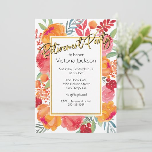Verse Bloemen Gouden Folie Pensioen Party Uitnodig Kaart (Staand voorkant)