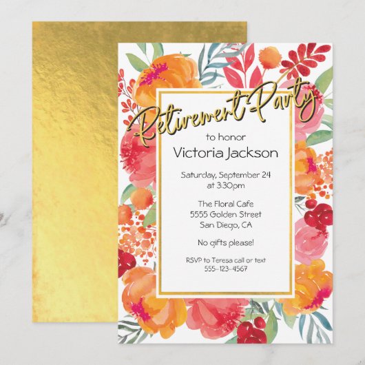 Verse Bloemen Gouden Folie Pensioen Party Uitnodig Kaart (Voorkant / Achterkant)