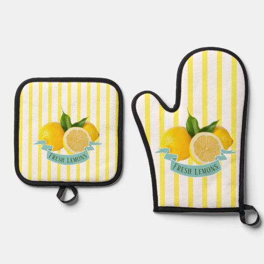 Verse citroenen & gele strepen ovenwant & pannenlap set (Voorkant)