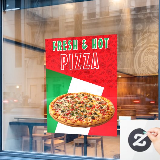 Verse en hete pizza met pizza explosie raamsticker (Cafe Raam)