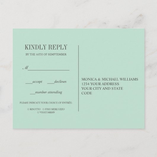 Verse Eucalyptus Aqua Bruiloft RSVP MAALTIJD KEUZE Uitnodiging Briefkaart (Achterkant)