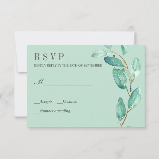 Verse Eucalyptus Aqua Leaves Bruiloft RSVP (Voorkant)