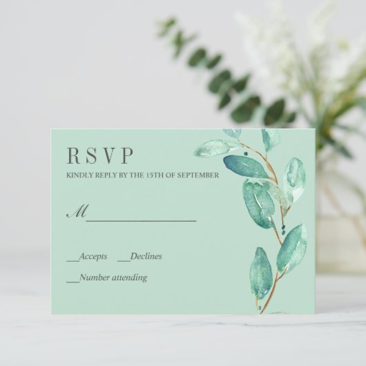 Verse Eucalyptus Aqua Leaves Bruiloft RSVP (Staand voorkant)