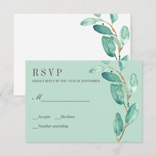 Verse Eucalyptus Aqua Leaves Bruiloft RSVP (Voorkant / Achterkant)