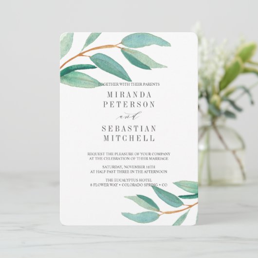 Verse Eucalyptus Branches Leaves Botanical Wedding Kaart (Staand voorkant)