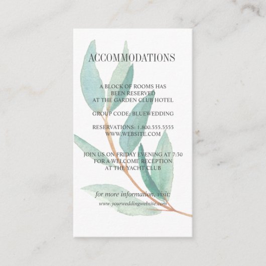 Verse Eucalyptus verlaat bruiloft ACCOMMODATIE Informatiekaartje (Voorkant)