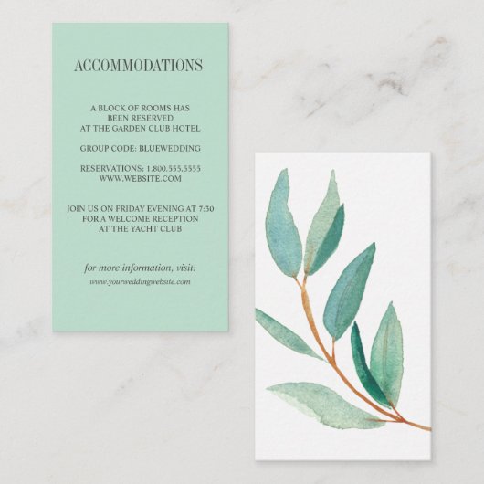 Verse Eucalyptus verlaat bruiloft ACCOMMODATIE Informatiekaartje (Voorkant / Achterkant)
