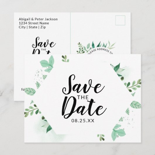 Verse Foliage Botanical Mint Hexagon Save the Date Aankondigingskaart (Voorkant / Achterkant)