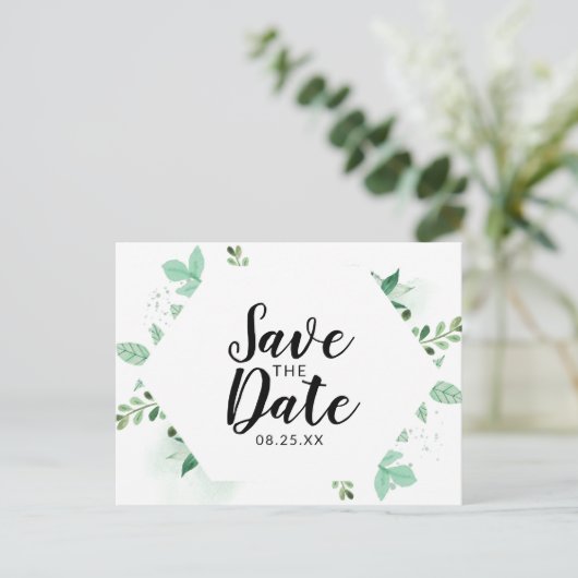 Verse Foliage Botanical Mint Hexagon Save the Date Aankondigingskaart (Staand voorkant)